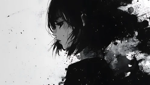 Monochrome side profile portrait with ink splash abstraction.