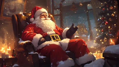 Santa in warm chiaroscuro lighting relaxes by illuminated tree