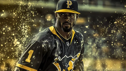 Dynamic baseball portrait with particulate lighting effects.
