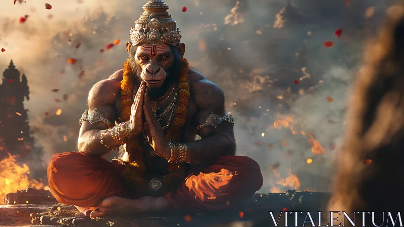 Divine simian warrior meditates in swirling firelit petals.