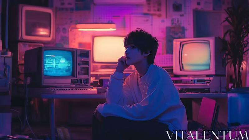 Dreamy retro gamer lost in neon-lit midnight thoughts.