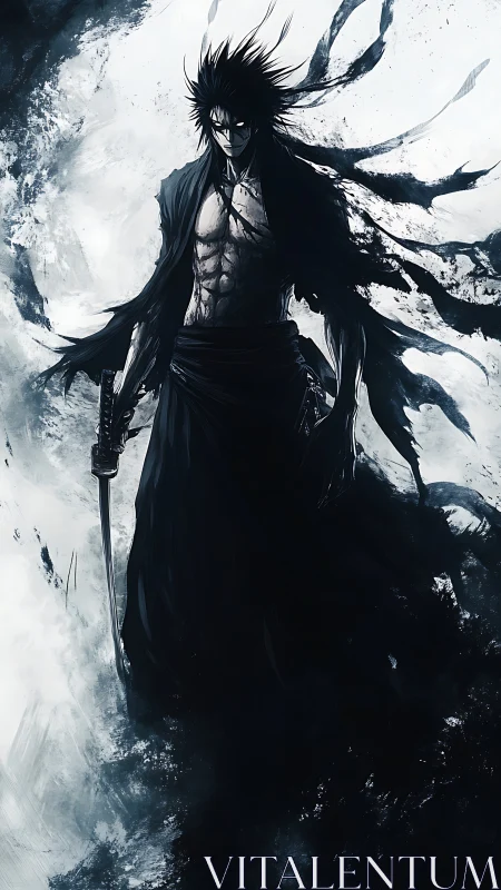 Dark samurai emerges through abstract monochrome energy field