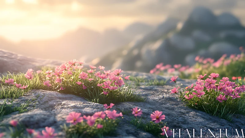 Alpine Meadow Wildflowers at Golden Hour with Mountain Backdrop.