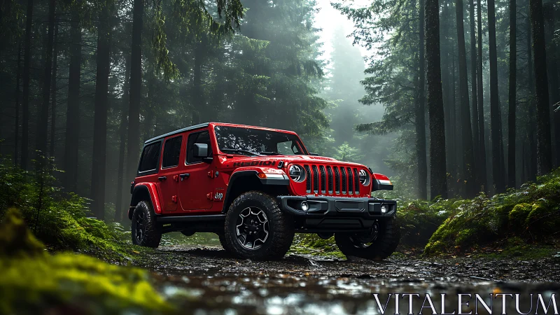 Crimson off‑road SUV poised on misty forest trail.