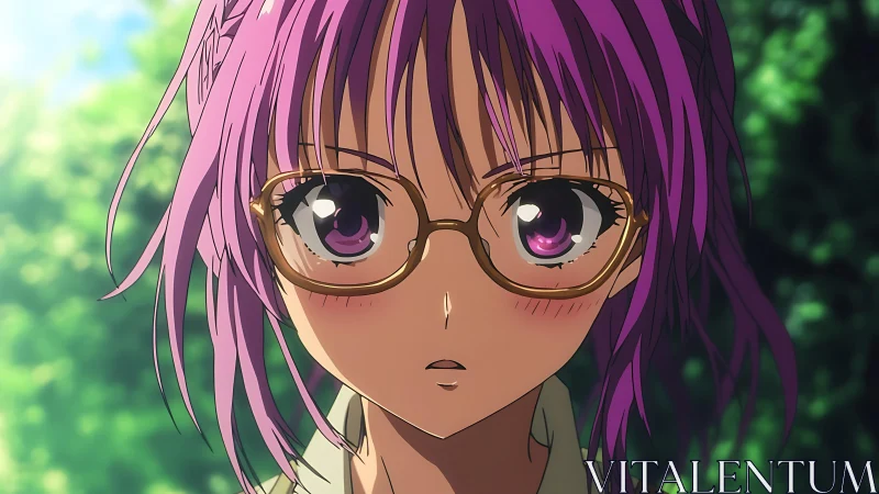 Purple-haired anime girl in glasses beneath dappled sunlight.