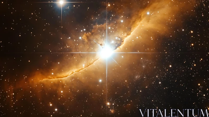 Starlit nebula glows warmly in a cloud of golden cosmic dust