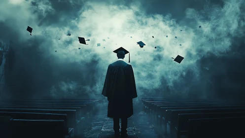 Graduate stands alone in foggy hall as caps swirl overhead