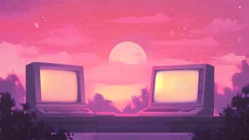 Two retro computer terminals face a stylized sunset sky