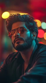 Moody urban portrait glows with neon reflections at night