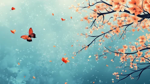 Asymmetric cherry blossom branch and butterfly rendered with soft bokeh