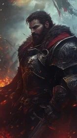 Armored warrior stands in profile amid embers and smoke