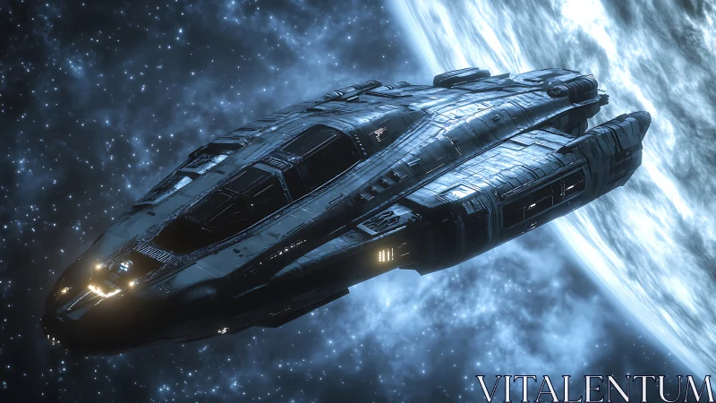 Detailed starship rendering above luminous icy planet.