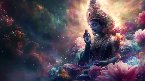 Celestial blue deity in ornate lotus nebula meditation