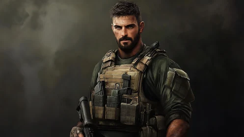 Tactical soldier portrait shows armored operator in shadow