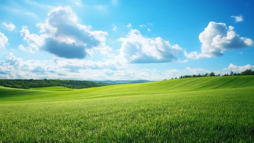 Sunlit rolling grassland under cumulus cloud field panorama