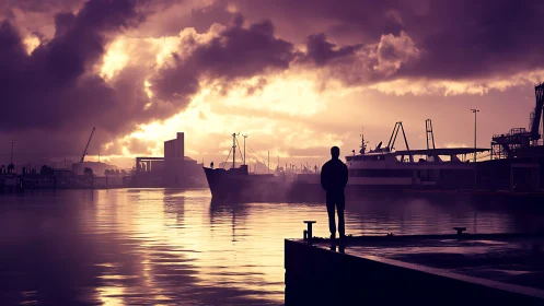 Silhouetted observer studies harbor vessels under magenta twilight