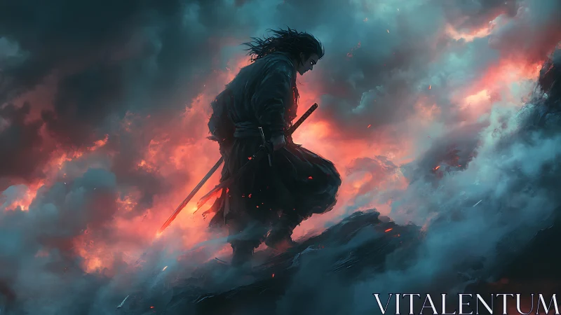 Lone samurai strides through burning storm clouds at dusk