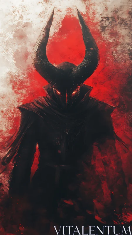 Horned shadow warlord emerging from crimson misted void.