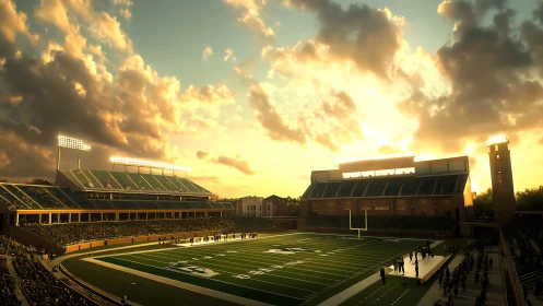 Sunlit football stadium with empty field and tall stands.