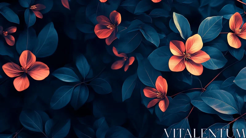 Coral Flowers and Teal Foliage on Dark Background.