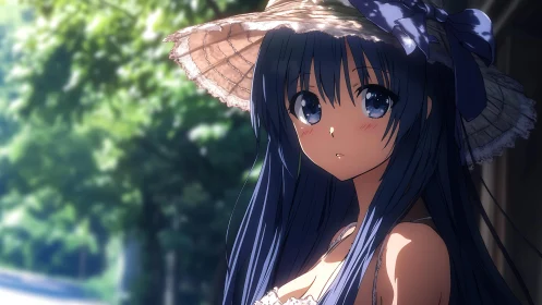 Anime girl in straw hat standing outdoors in soft daylight.