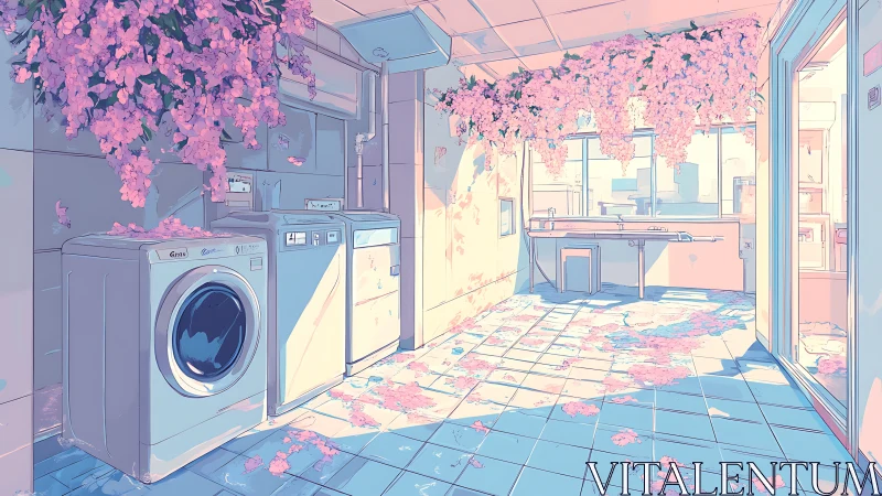 Laundry room glows under cascading pink blossoms