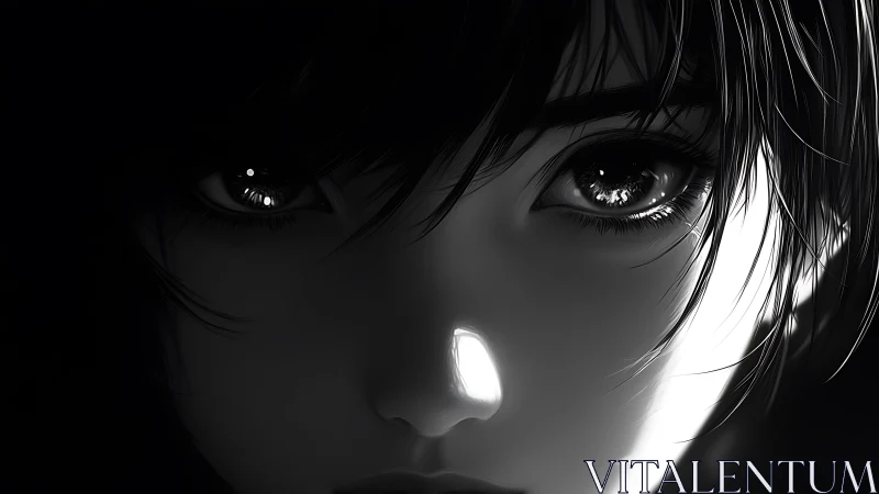 Stark monochrome closeup shows reflective anime eyes in shadow