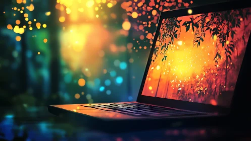 Laptop glows with dreamy forest lights in vivid bokeh scene.