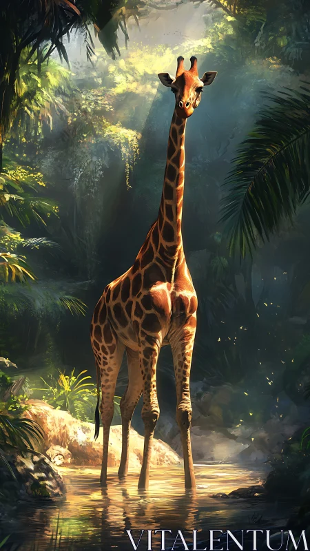 Giraffe standing in luminous jungle stream, cinematic lighting.