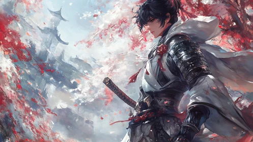 Samurai portrait in dynamic sakura environment, digital painting.