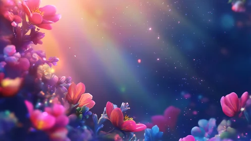 Neon Flowers with Glowing Bokeh in Dark Space.