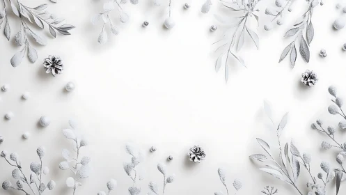 Frost-Coated Botanical Elements on White Surface.