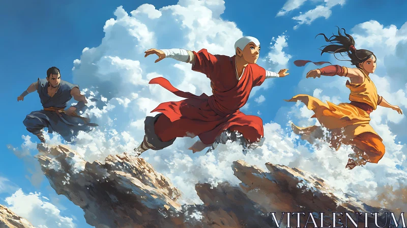 Sky-sprinting monks chase storms across sunlit clouds.
