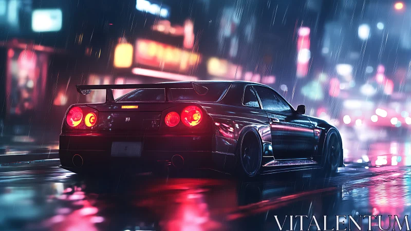 Midnight street racer glows against neon city rain