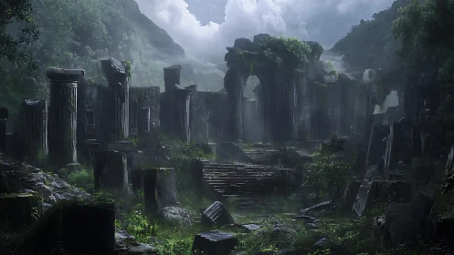 Mystical jungle ruins wrapped in mist and quiet memory.