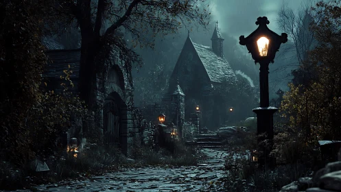 Rain-soaked gothic church lane under moody lamplight at dusk.