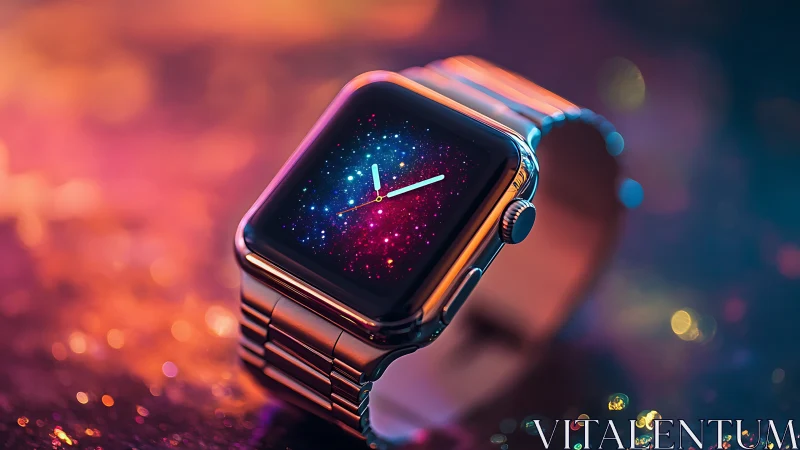 Smartwatch with cosmic galaxy dial on neon bokeh background.