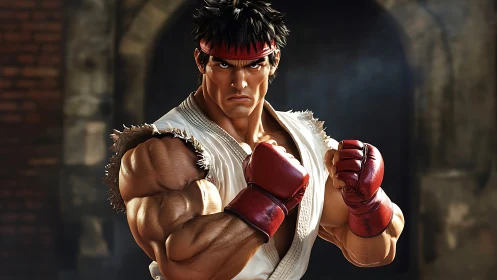 Digital close-up of muscular fighter in combat stance.