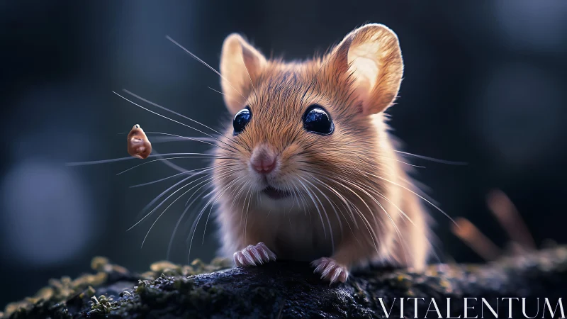 Close-up view of a small mouse on a branch in low light.