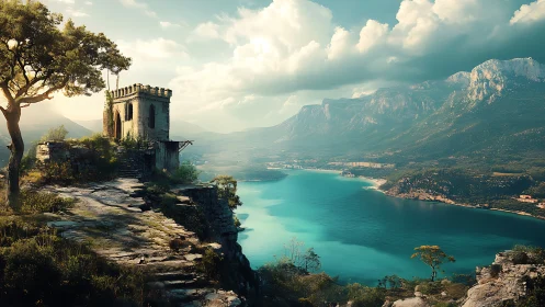 Clifftop stone watchtower above turquoise mountain lake at dusk