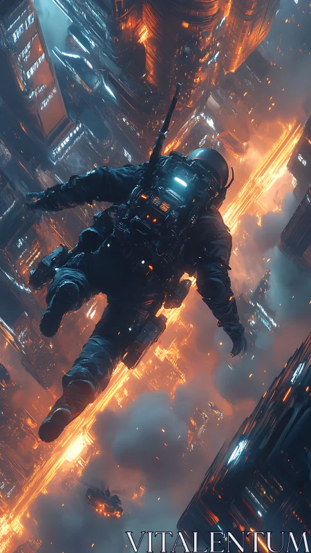 Armored skydiver descends through burning cyberpunk city