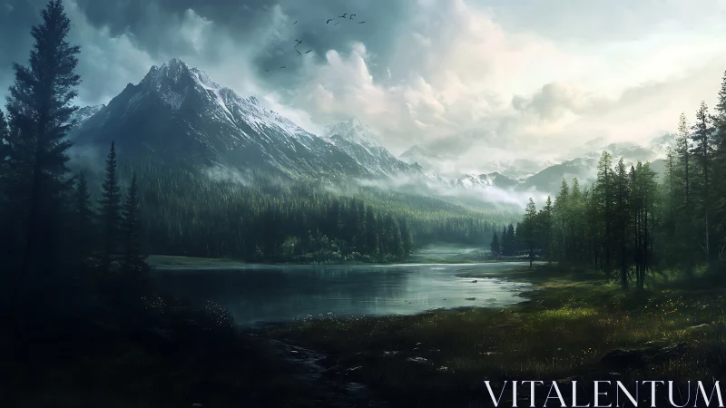 Mountain lake landscape shows misty forest and distant peaks