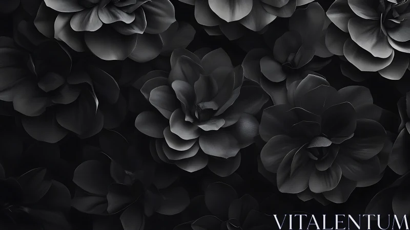 Black and white flowers layered densely against dark background with subtle dimensional depth.