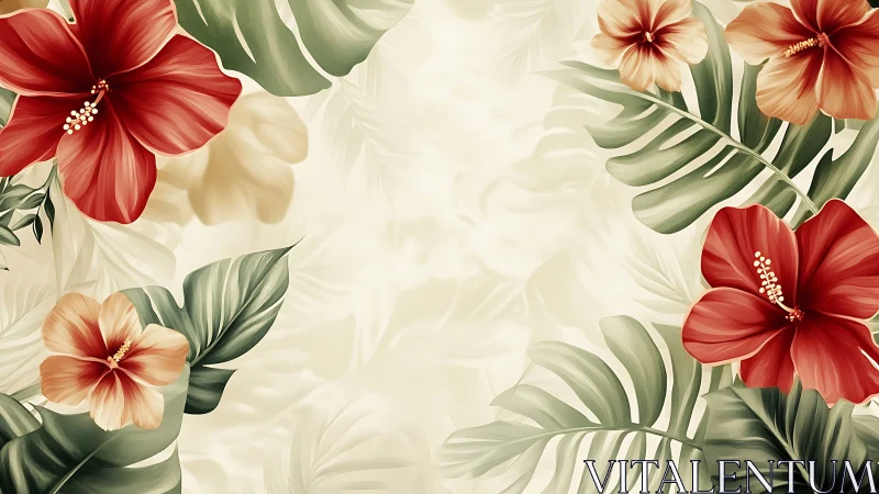 Tropical Floral Border with Red Hibiscus and Foliage.