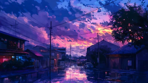 Neon dusk street reflection under vivid storm clouds.