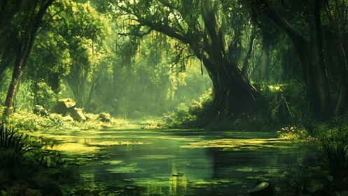 Enchanted Forest Stream with Mystical Light and Ancient Trees