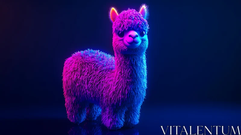 Neon alpaca buddy stands glowing in soft blue and pink light