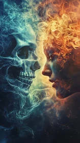 Elemental duality of fire woman and smoke skull in profile.