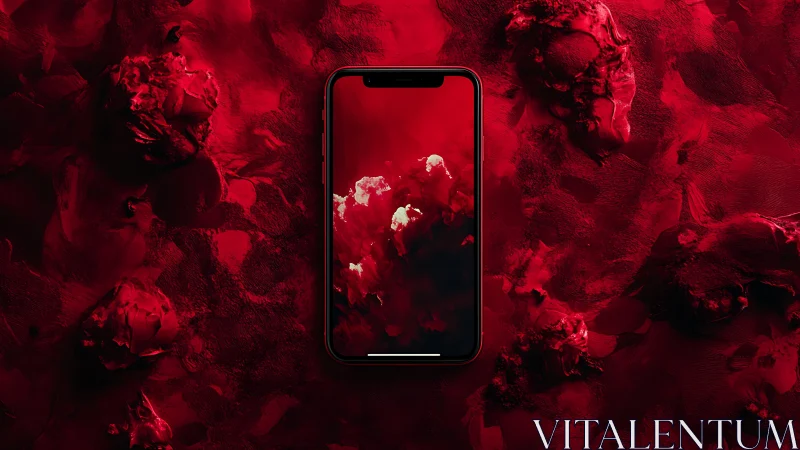 Photorealistic red smartphone on abstract textured canvas backdrop.