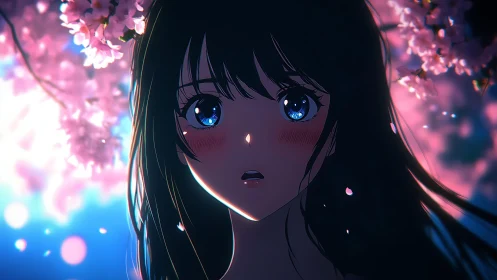 Shy girl under glowing cherry blossoms at twilight.